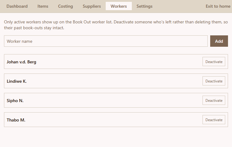 Workers list in the admin area