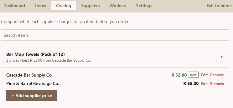 Supplier price comparison