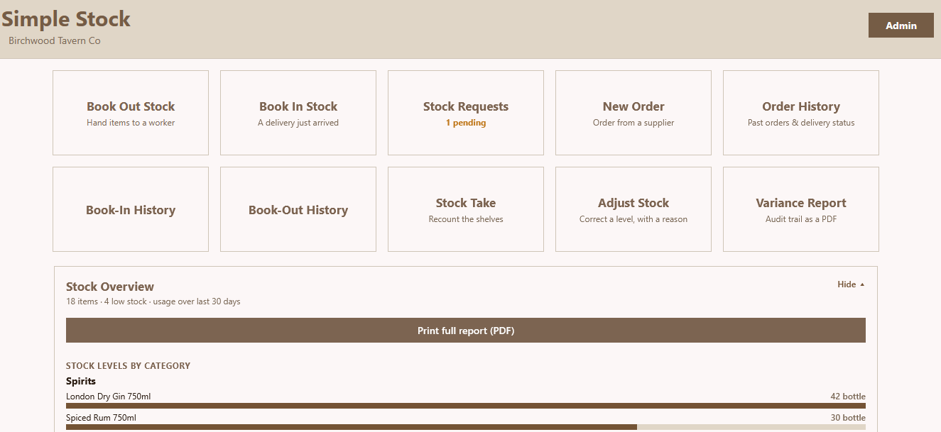 Simple Stock home screen with the stock overview
